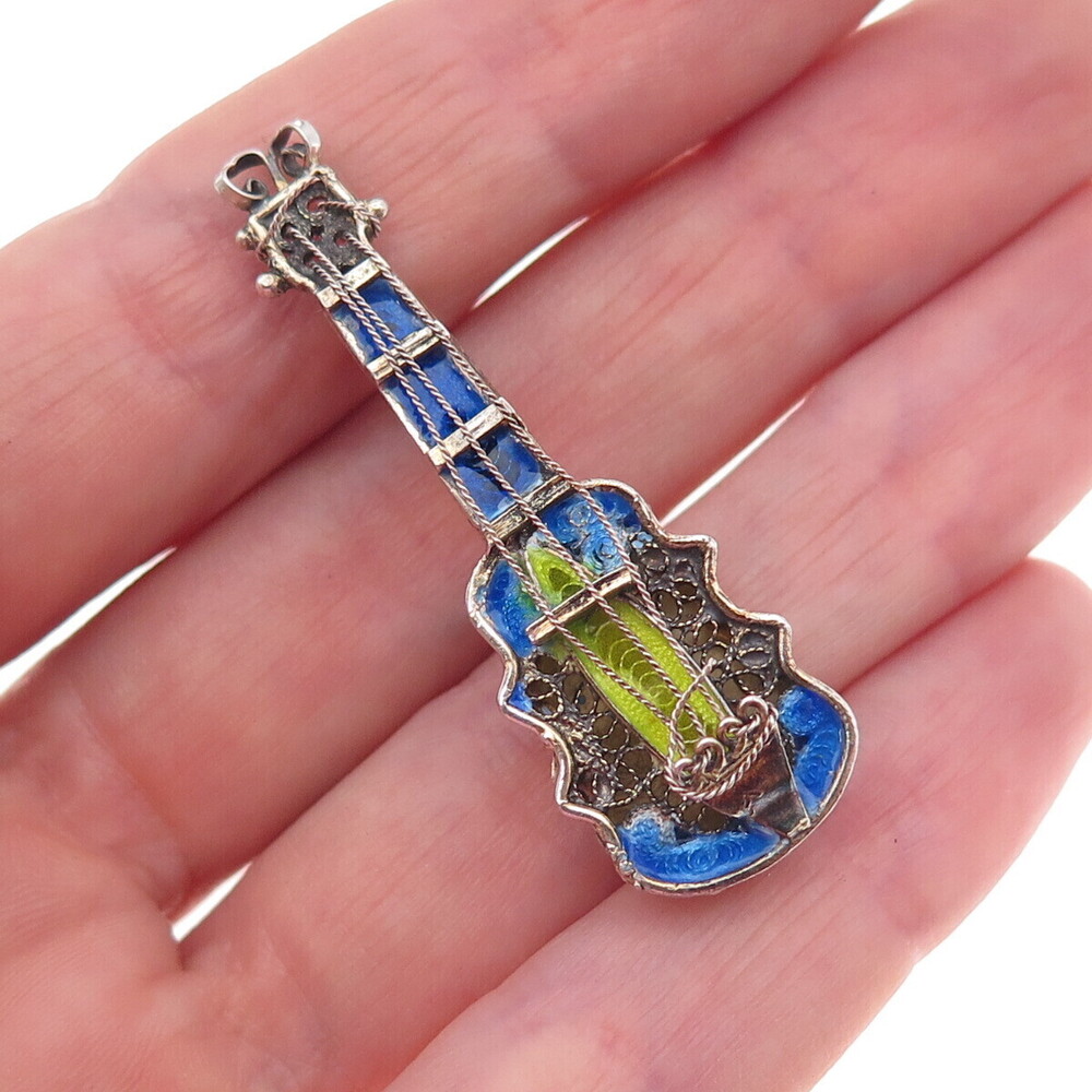 800 Silver Vintage Italy Enamel Guitar Filigree Oxidized Pin Brooch